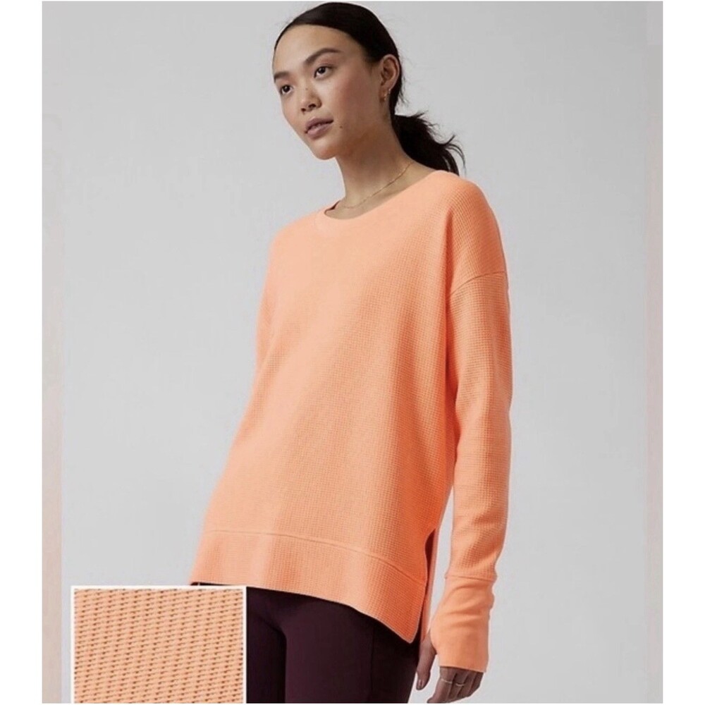 ATHLETA Coaster Luxe Waffle Sweatshirt XS Peach Orange SP22 Thumbholes Soft EUC